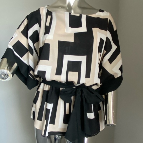 New York & Company Tops - New York & Company Geometric Print Belted Blouse